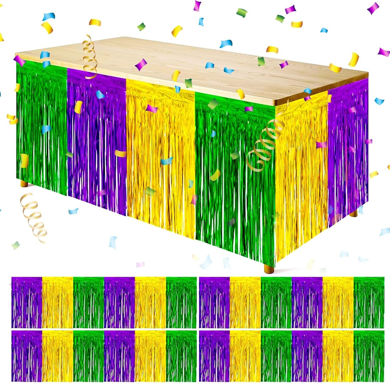 4 PCS Mardi Gras Party Table Skirt-29 x 109 Inch Mardi Gras Metallic Fringe Table Skirts-Purple Gold Green Tinsel Foil Fringe Decoration for Mardi Gras Holiday New Orleans Masquerade Party